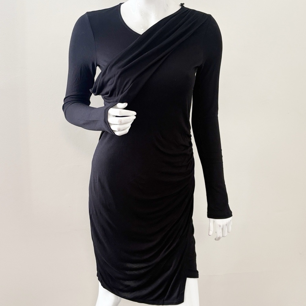 AllSaints Tundra Black Long Sleeve Mini Dress w Ruched Details & Sash